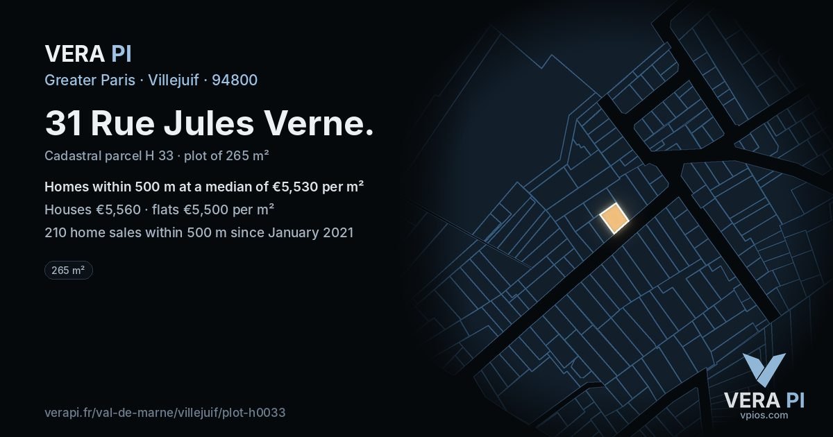 31 Rue Jules Verne, Villejuif at night – the plot lit, the parcels around coloured by the prices near them