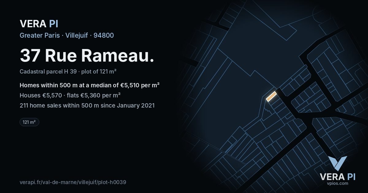 37 Rue Rameau, Villejuif at night – the plot lit, the parcels around coloured by the prices near them