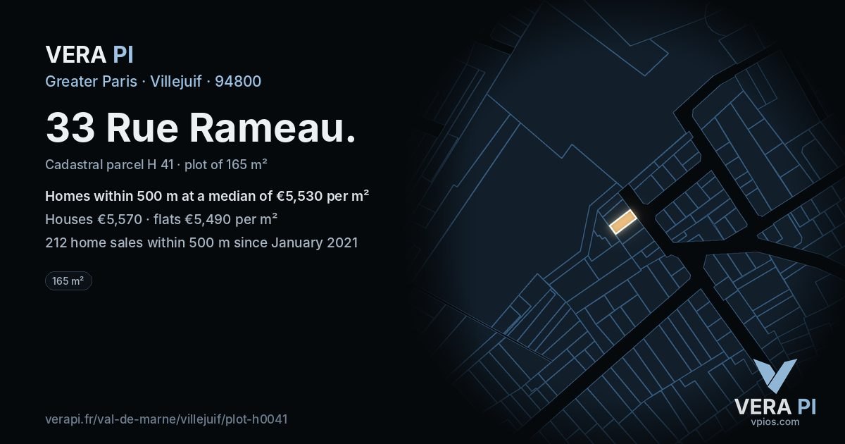 33 Rue Rameau, Villejuif at night – the plot lit, the parcels around coloured by the prices near them