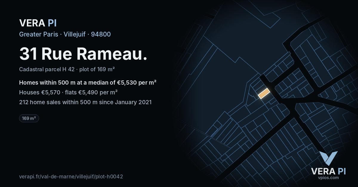 31 Rue Rameau, Villejuif at night – the plot lit, the parcels around coloured by the prices near them