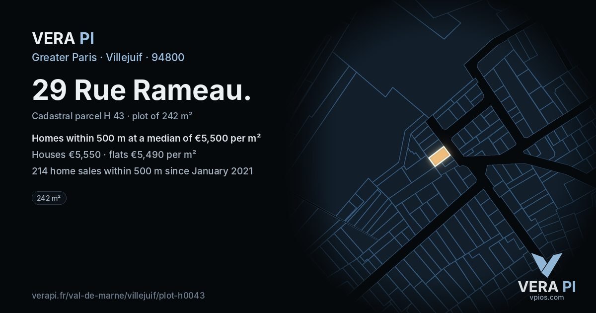 29 Rue Rameau, Villejuif at night – the plot lit, the parcels around coloured by the prices near them