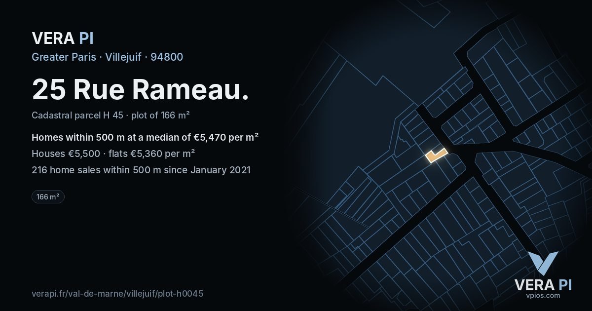 25 Rue Rameau, Villejuif at night – the plot lit, the parcels around coloured by the prices near them