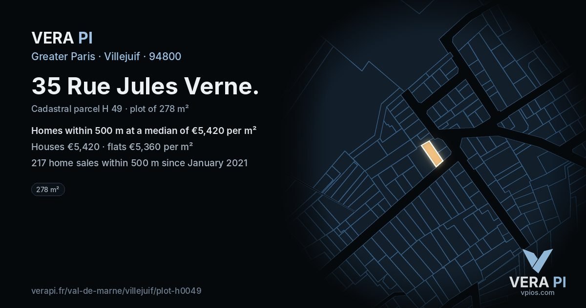 35 Rue Jules Verne, Villejuif at night – the plot lit, the parcels around coloured by the prices near them