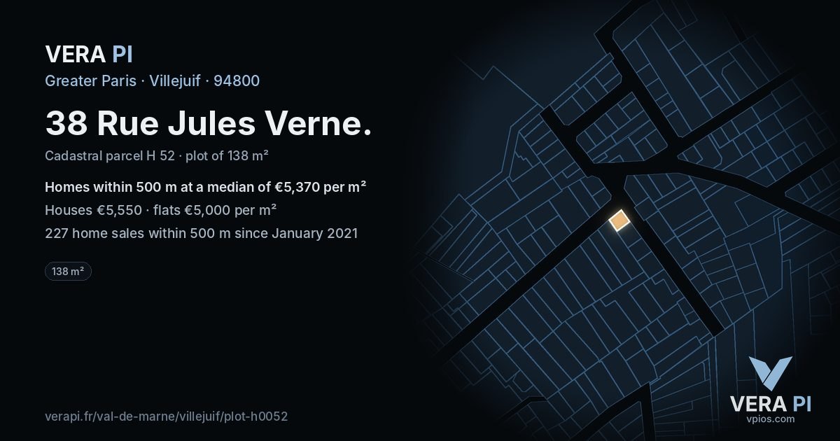 38 Rue Jules Verne, Villejuif at night – the plot lit, the parcels around coloured by the prices near them