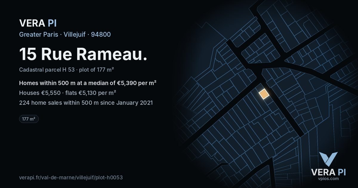 15 Rue Rameau, Villejuif at night – the plot lit, the parcels around coloured by the prices near them