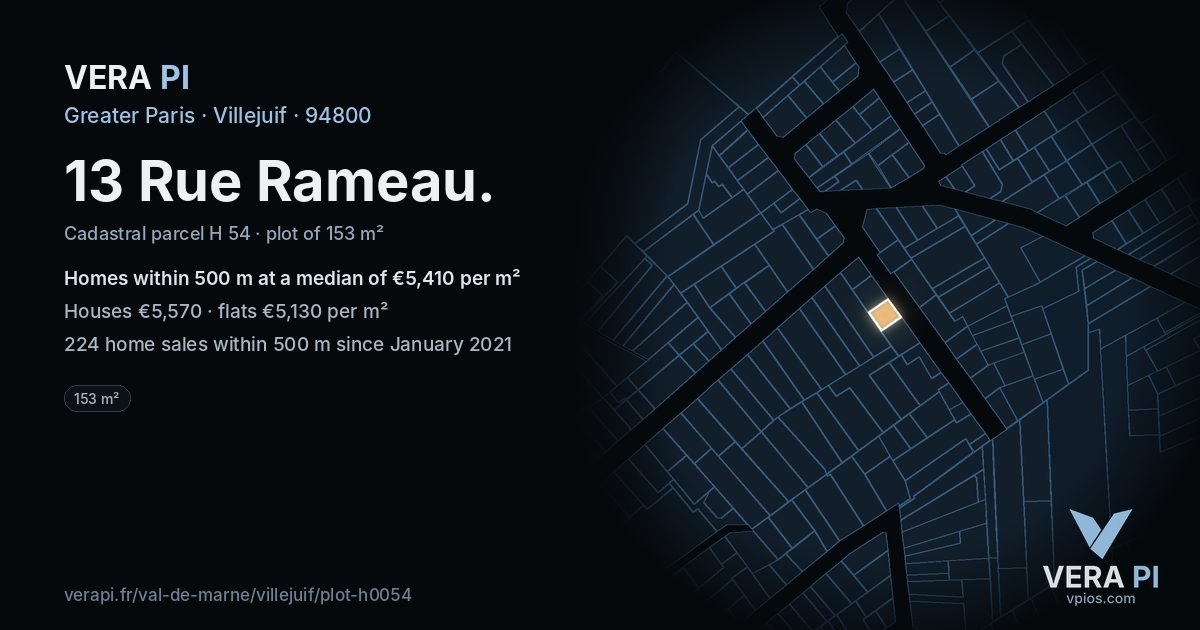13 Rue Rameau, Villejuif at night – the plot lit, the parcels around coloured by the prices near them