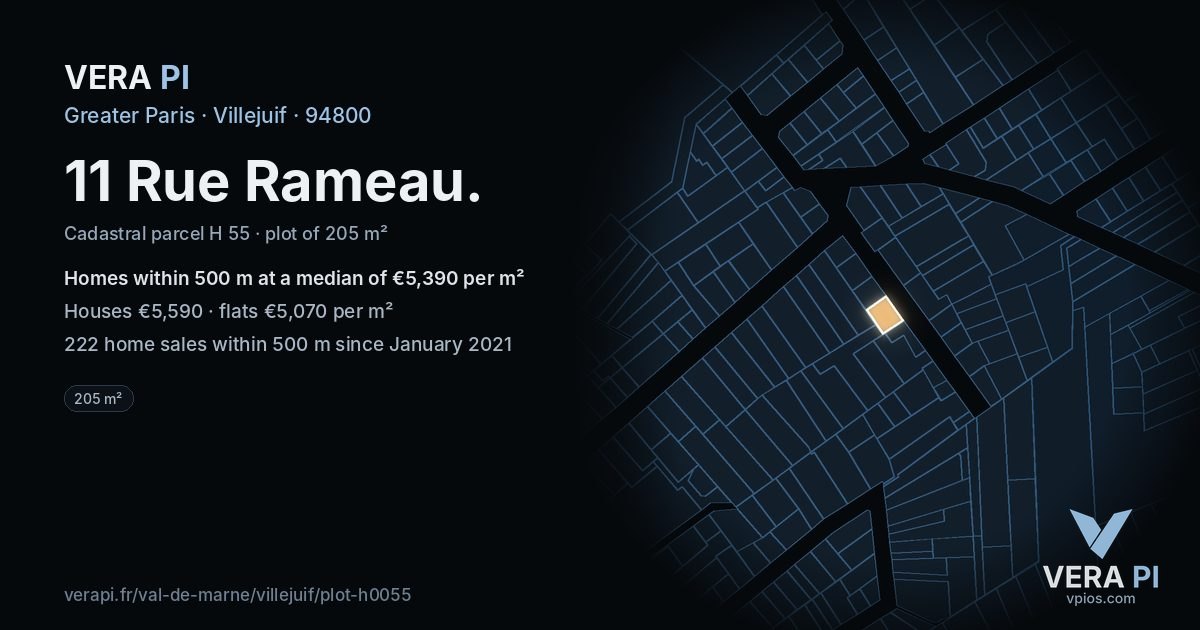 11 Rue Rameau, Villejuif at night – the plot lit, the parcels around coloured by the prices near them