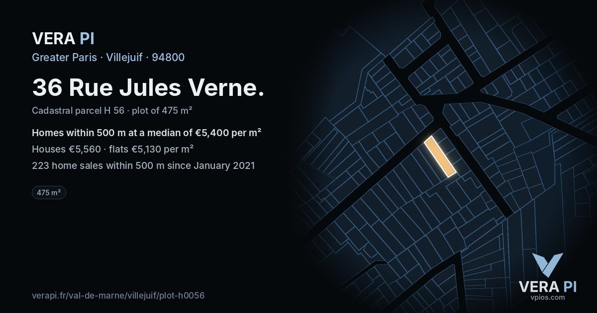 36 Rue Jules Verne, Villejuif at night – the plot lit, the parcels around coloured by the prices near them