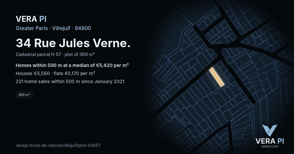 34 Rue Jules Verne, Villejuif at night – the plot lit, the parcels around coloured by the prices near them