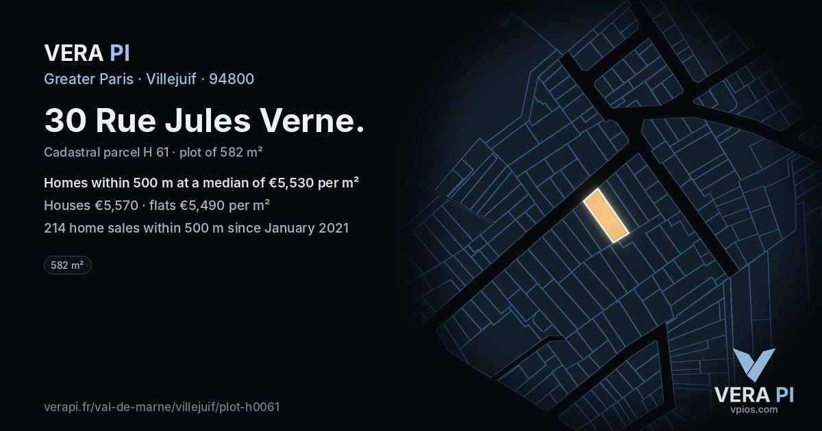 30 Rue Jules Verne, Villejuif at night – the plot lit, the parcels around coloured by the prices near them