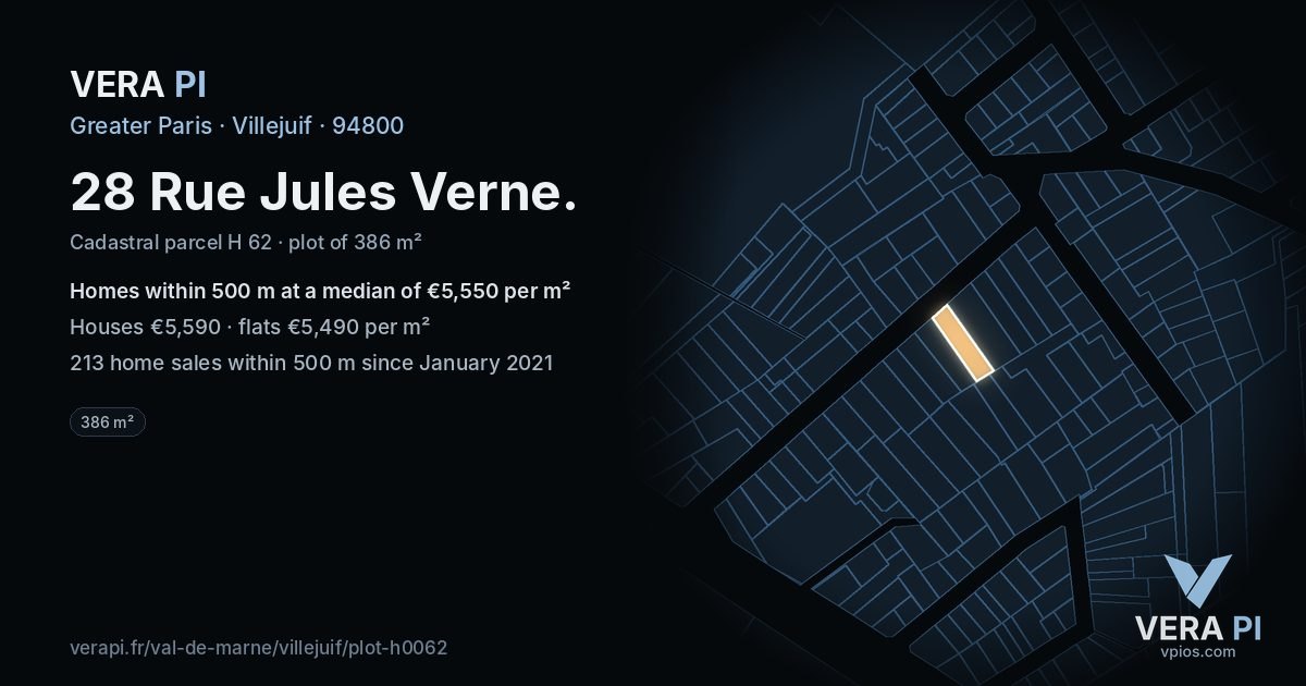 28 Rue Jules Verne, Villejuif at night – the plot lit, the parcels around coloured by the prices near them