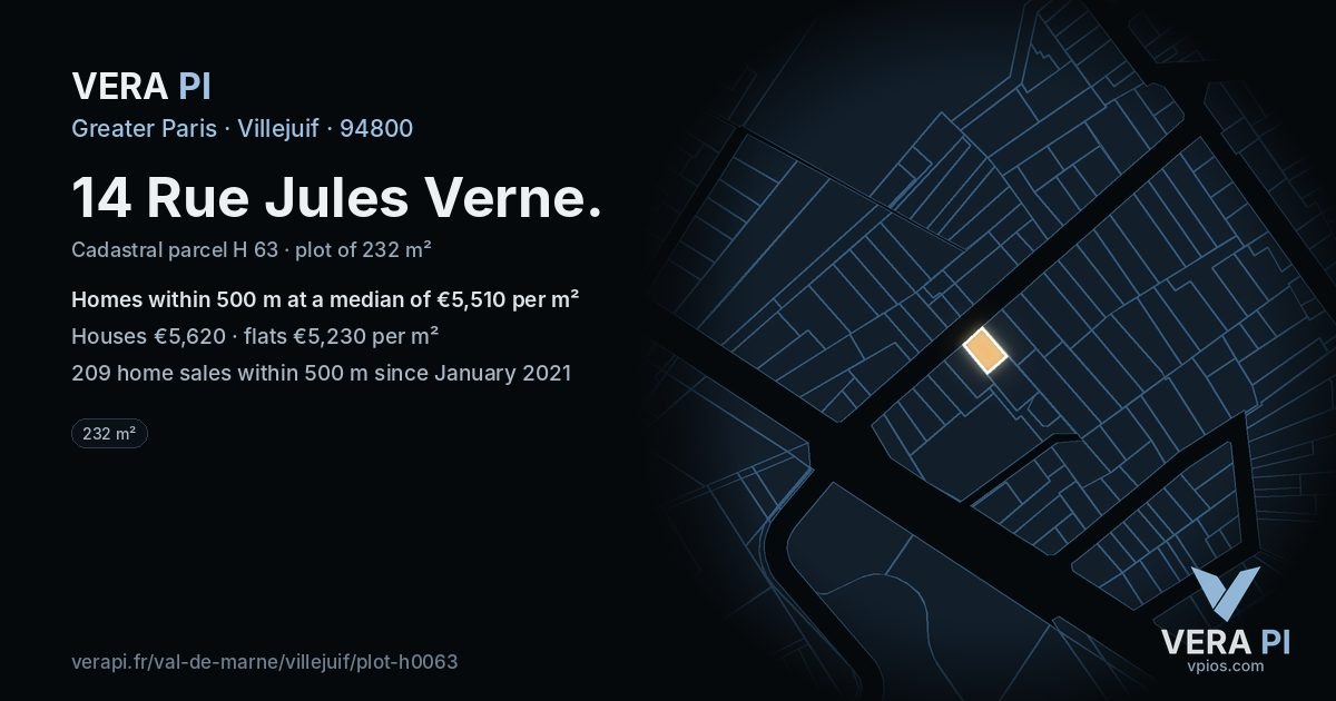 14 Rue Jules Verne, Villejuif at night – the plot lit, the parcels around coloured by the prices near them
