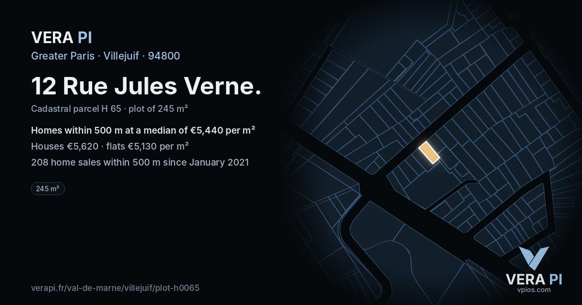 12 Rue Jules Verne, Villejuif at night – the plot lit, the parcels around coloured by the prices near them