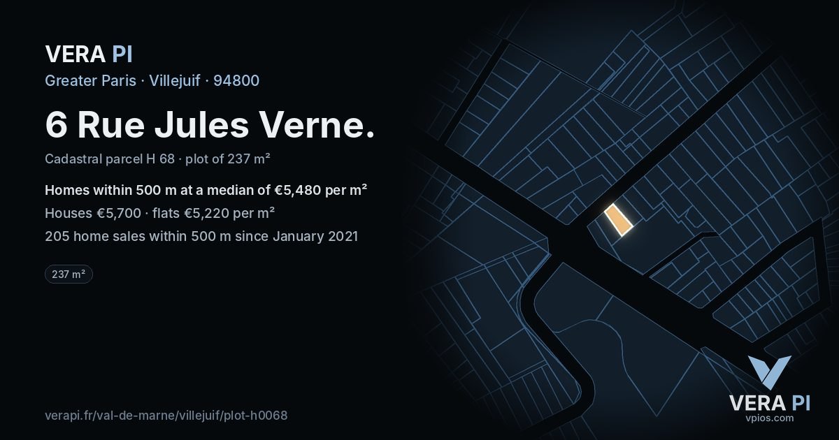 6 Rue Jules Verne, Villejuif at night – the plot lit, the parcels around coloured by the prices near them