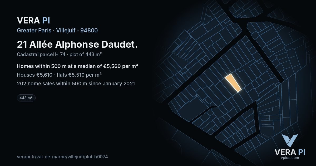 21 Allée Alphonse Daudet, Villejuif at night – the plot lit, the parcels around coloured by the prices near them