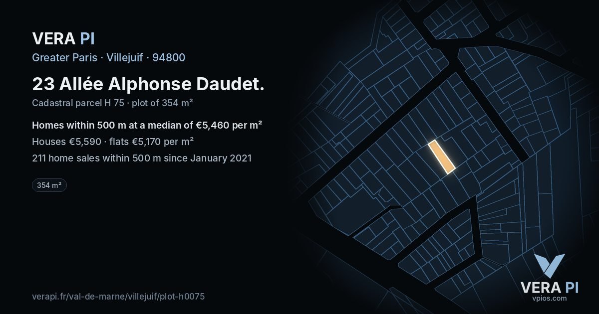 23 Allée Alphonse Daudet, Villejuif at night – the plot lit, the parcels around coloured by the prices near them