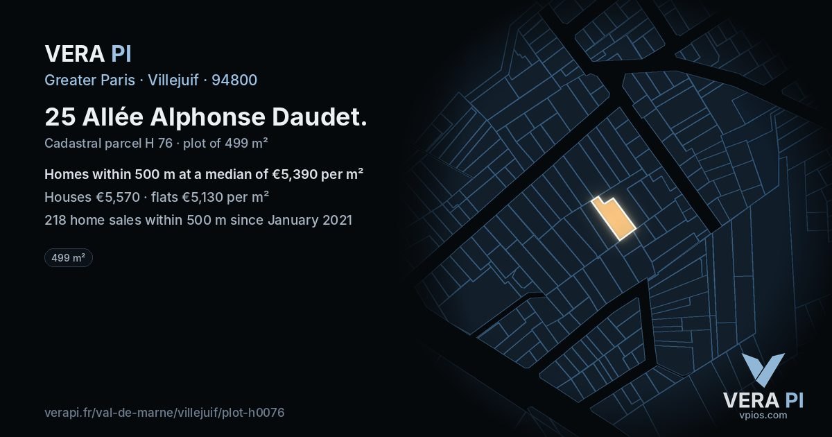 25 Allée Alphonse Daudet, Villejuif at night – the plot lit, the parcels around coloured by the prices near them
