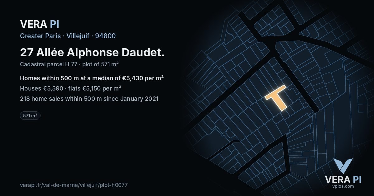 27 Allée Alphonse Daudet, Villejuif at night – the plot lit, the parcels around coloured by the prices near them