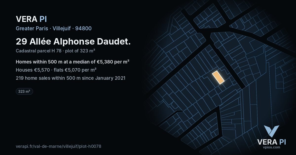 29 Allée Alphonse Daudet, Villejuif at night – the plot lit, the parcels around coloured by the prices near them