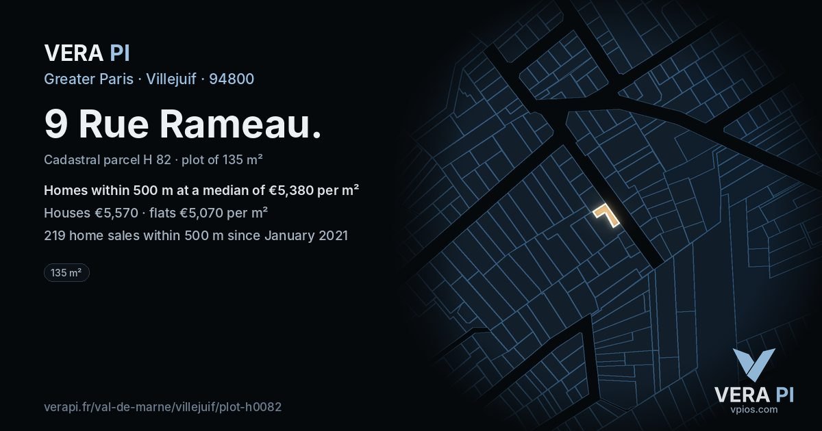 9 Rue Rameau, Villejuif at night – the plot lit, the parcels around coloured by the prices near them