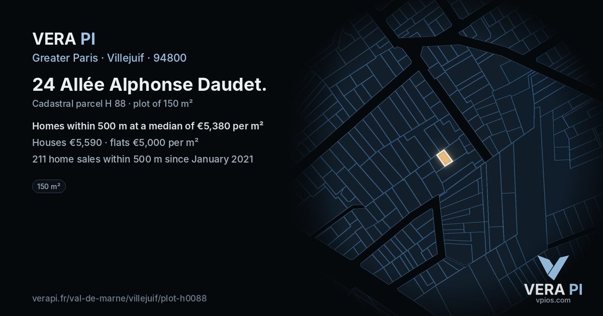 24 Allée Alphonse Daudet, Villejuif at night – the plot lit, the parcels around coloured by the prices near them