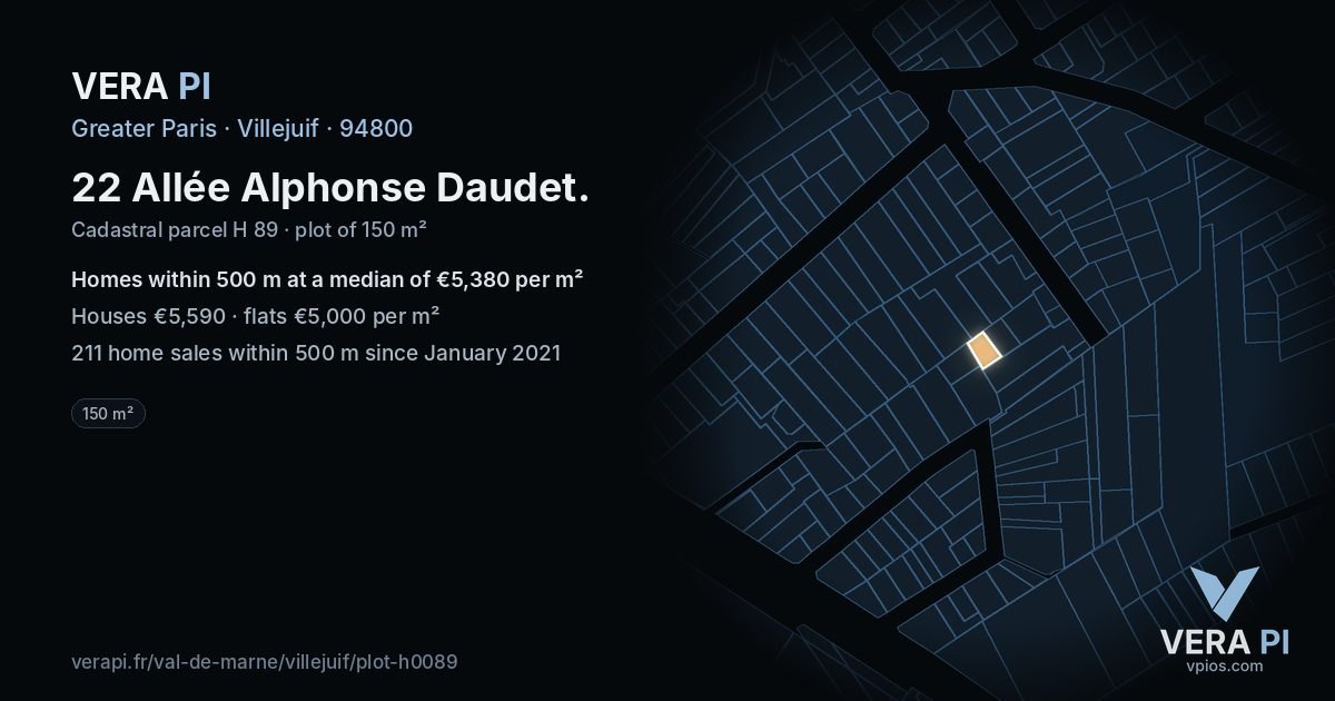22 Allée Alphonse Daudet, Villejuif at night – the plot lit, the parcels around coloured by the prices near them