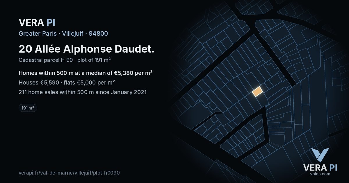 20 Allée Alphonse Daudet, Villejuif at night – the plot lit, the parcels around coloured by the prices near them