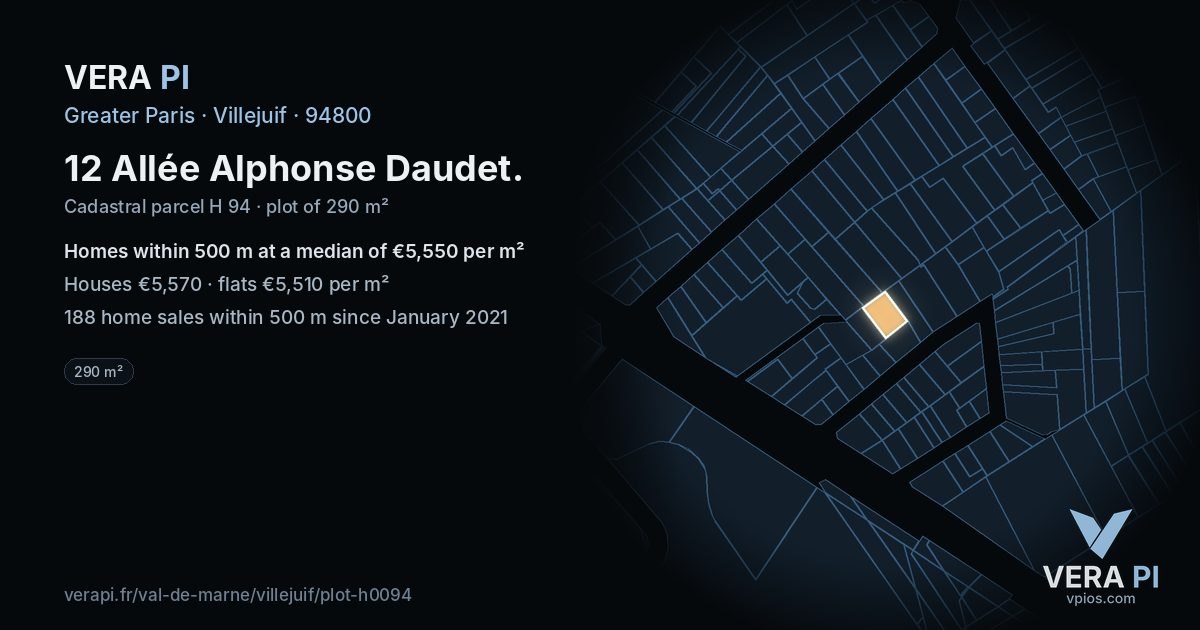 12 Allée Alphonse Daudet, Villejuif at night – the plot lit, the parcels around coloured by the prices near them
