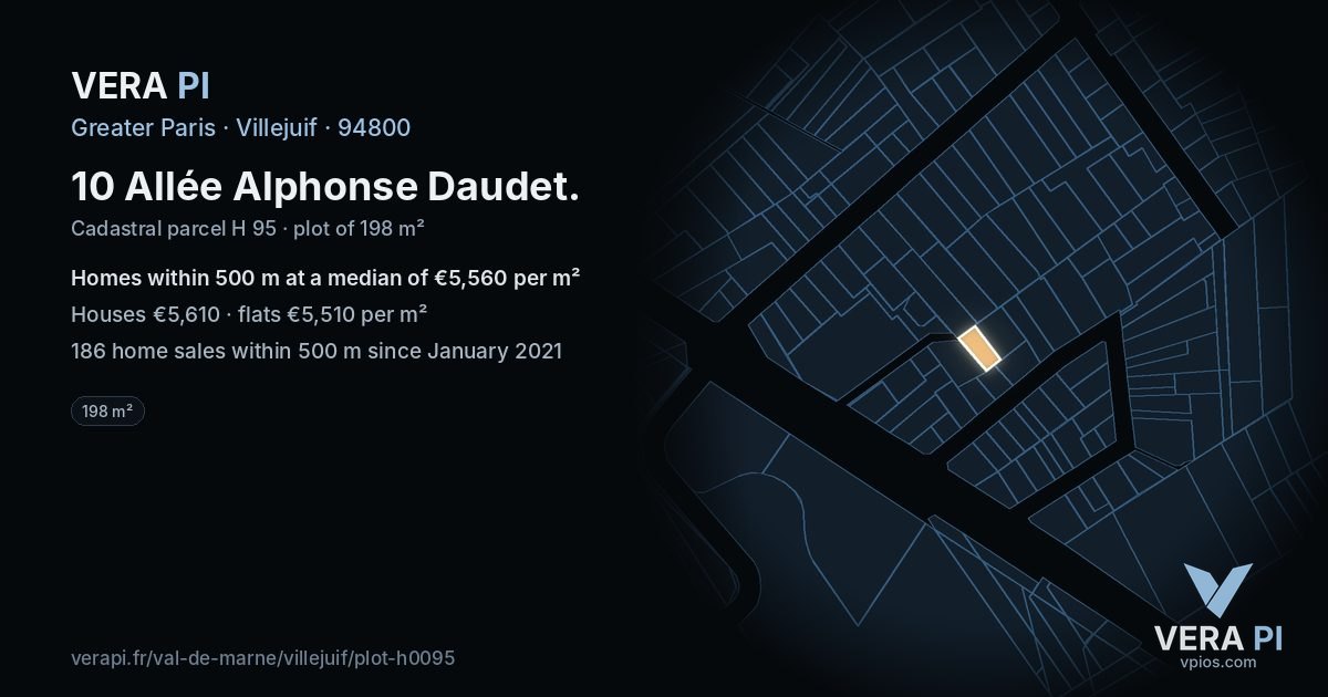 10 Allée Alphonse Daudet, Villejuif at night – the plot lit, the parcels around coloured by the prices near them