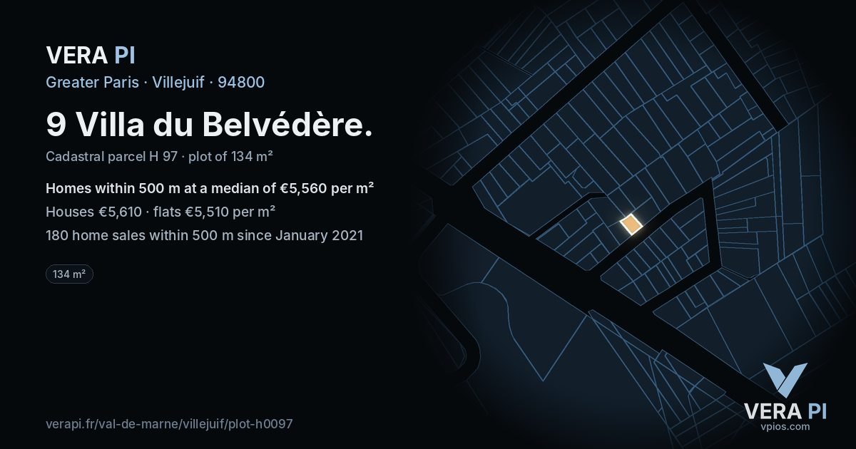 9 Villa du Belvédère, Villejuif at night – the plot lit, the parcels around coloured by the prices near them