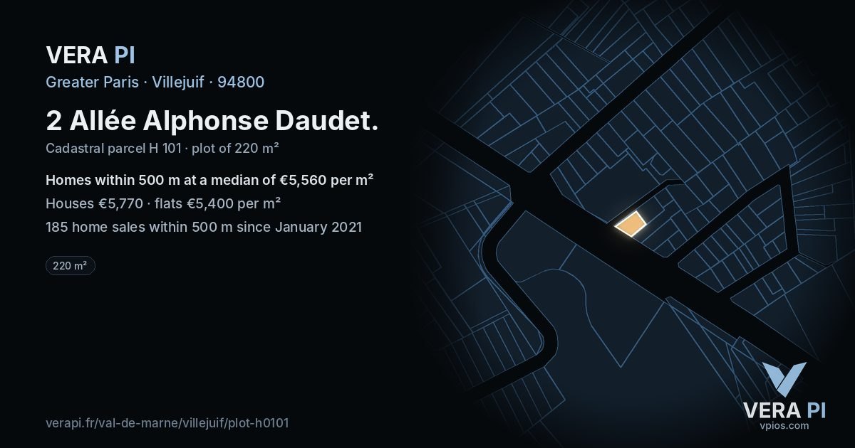 2 Allée Alphonse Daudet, Villejuif at night – the plot lit, the parcels around coloured by the prices near them