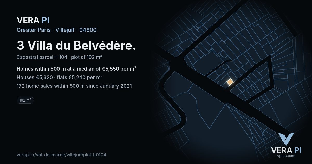 3 Villa du Belvédère, Villejuif at night – the plot lit, the parcels around coloured by the prices near them