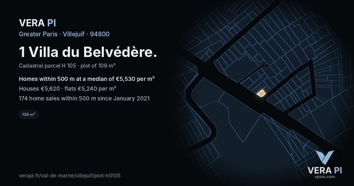1 Villa du Belvédère, Villejuif at night – the plot lit, the parcels around coloured by the prices near them