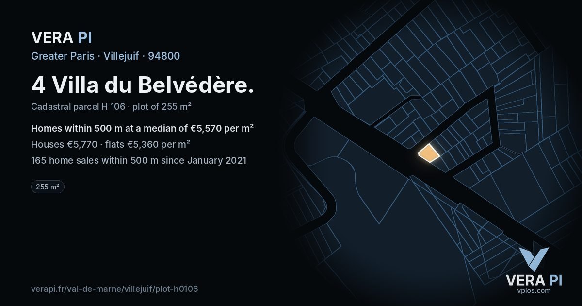 4 Villa du Belvédère, Villejuif at night – the plot lit, the parcels around coloured by the prices near them