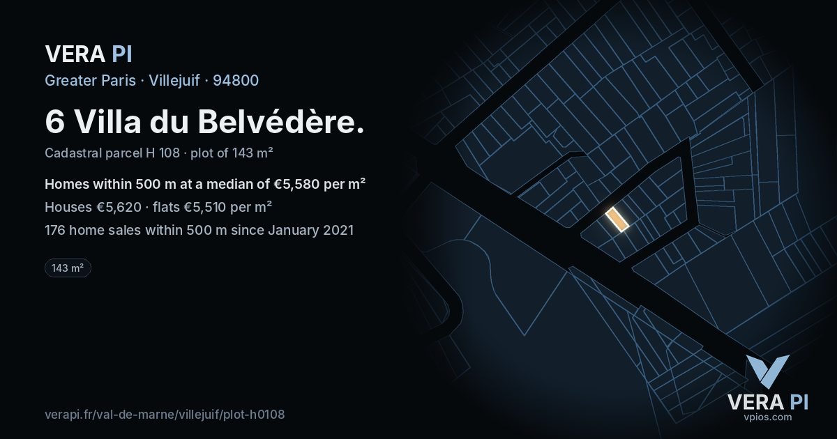 6 Villa du Belvédère, Villejuif at night – the plot lit, the parcels around coloured by the prices near them