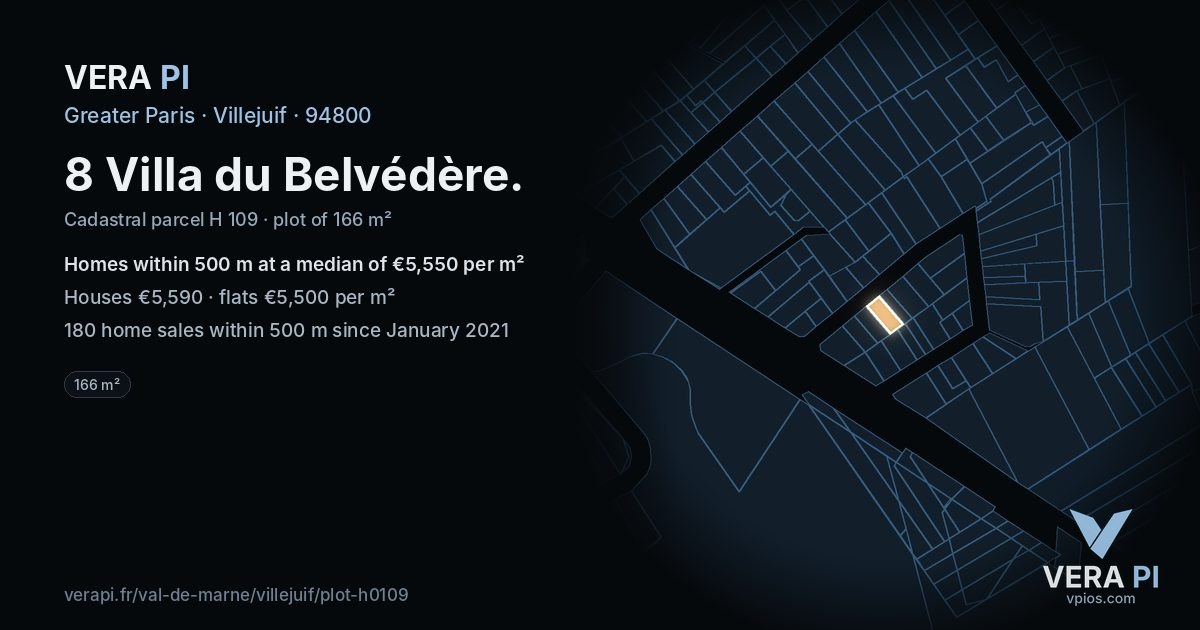 8 Villa du Belvédère, Villejuif at night – the plot lit, the parcels around coloured by the prices near them