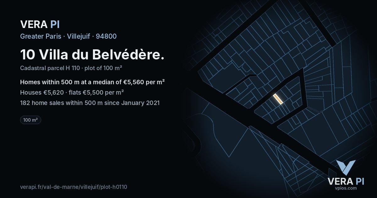 10 Villa du Belvédère, Villejuif at night – the plot lit, the parcels around coloured by the prices near them