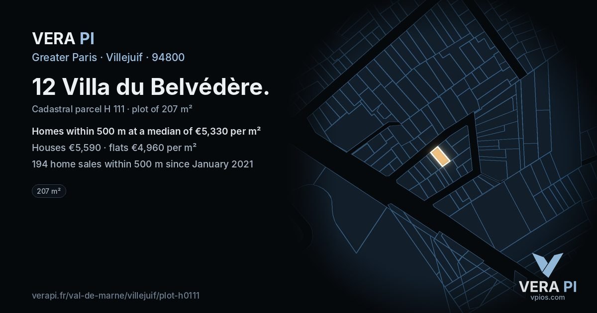 12 Villa du Belvédère, Villejuif at night – the plot lit, the parcels around coloured by the prices near them