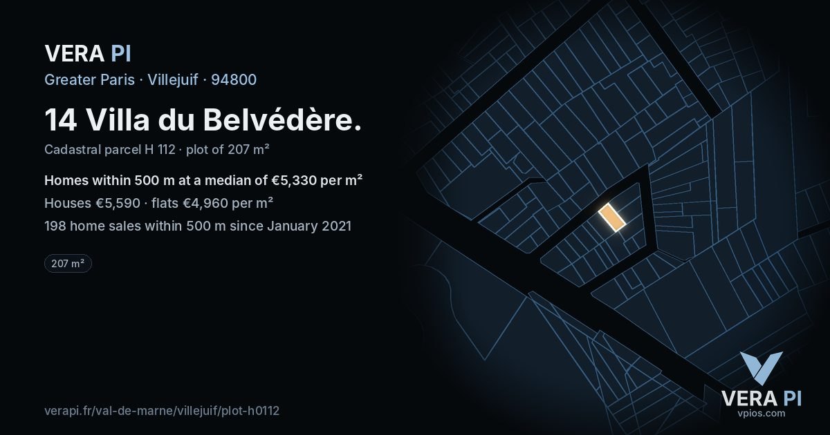 14 Villa du Belvédère, Villejuif at night – the plot lit, the parcels around coloured by the prices near them
