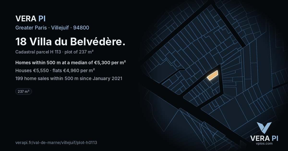 18 Villa du Belvédère, Villejuif at night – the plot lit, the parcels around coloured by the prices near them