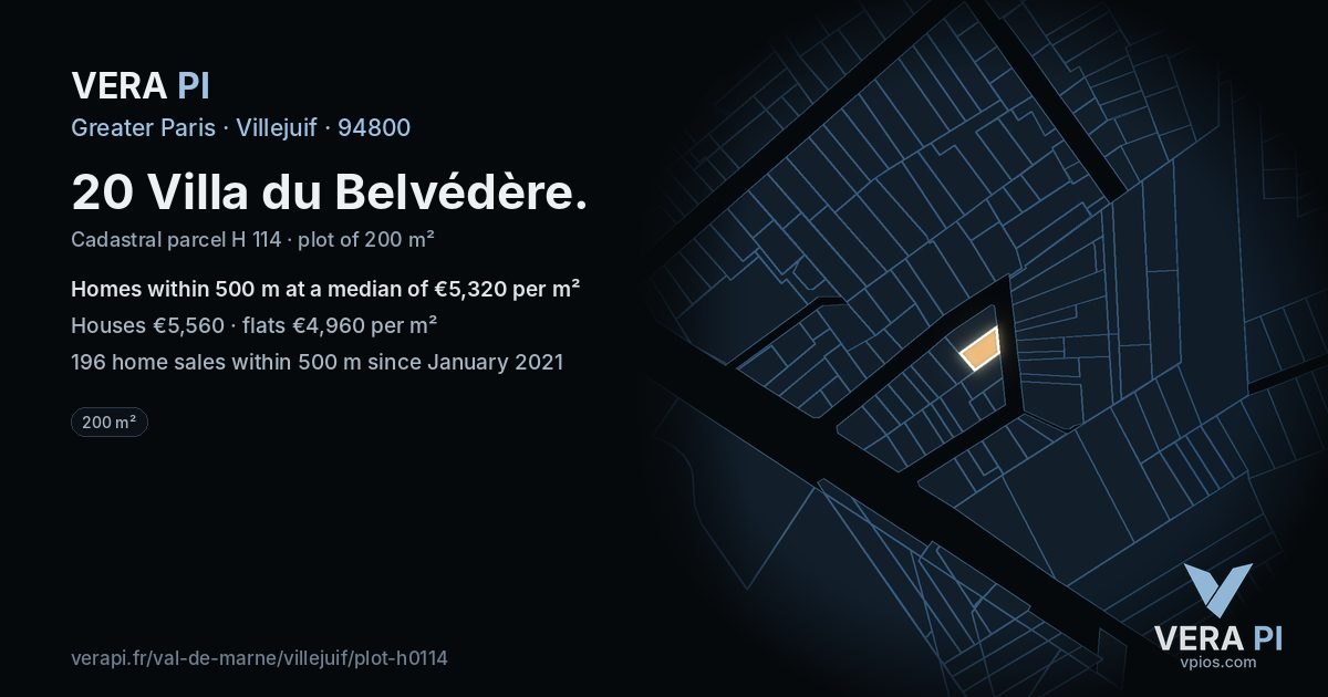 20 Villa du Belvédère, Villejuif at night – the plot lit, the parcels around coloured by the prices near them