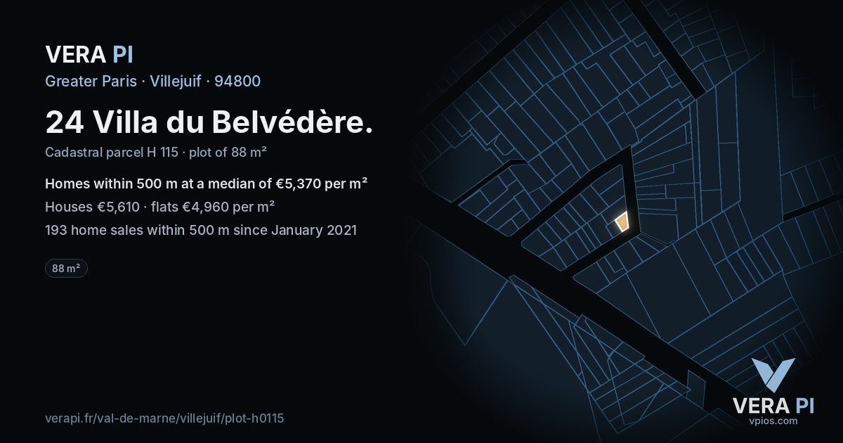 24 Villa du Belvédère, Villejuif at night – the plot lit, the parcels around coloured by the prices near them
