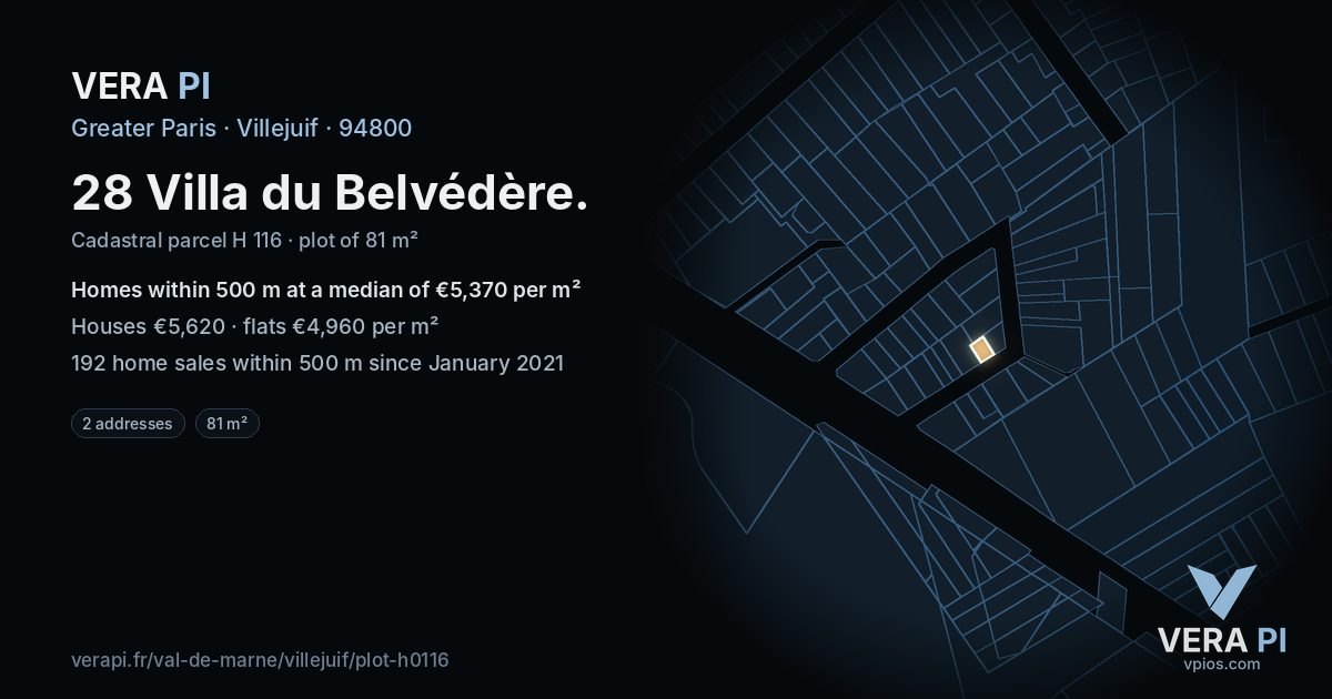 28 Villa du Belvédère, Villejuif at night – the plot lit, the parcels around coloured by the prices near them