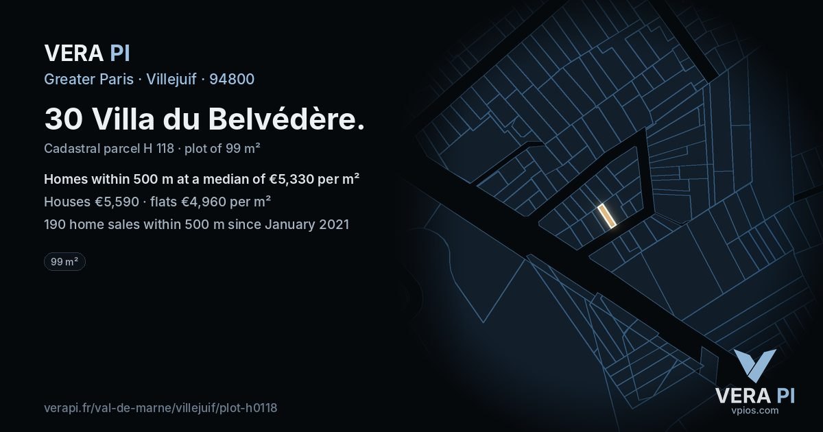 30 Villa du Belvédère, Villejuif at night – the plot lit, the parcels around coloured by the prices near them