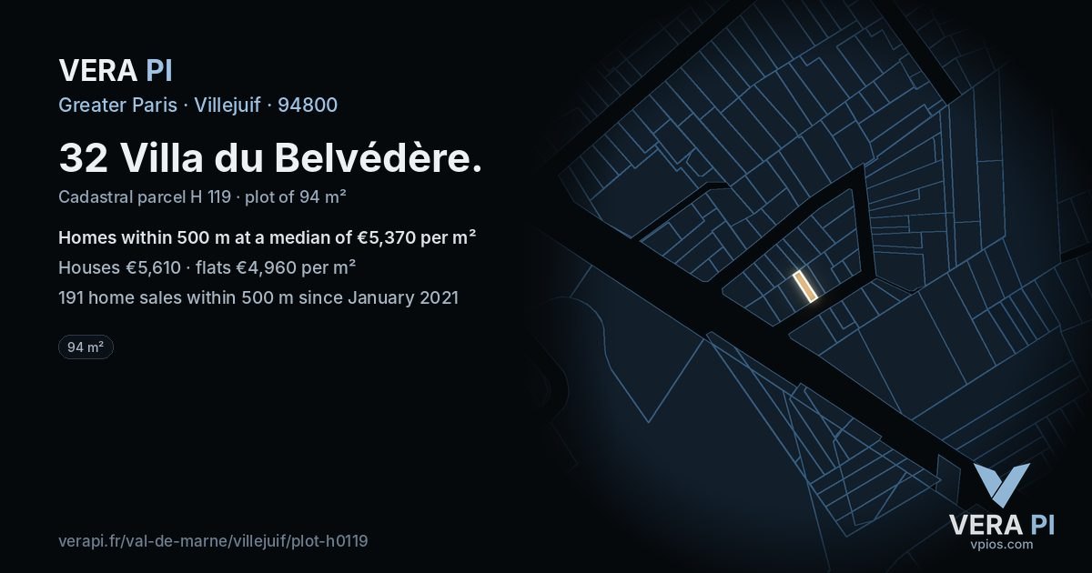 32 Villa du Belvédère, Villejuif at night – the plot lit, the parcels around coloured by the prices near them