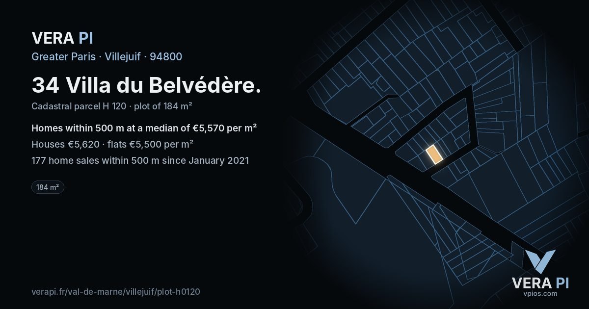 34 Villa du Belvédère, Villejuif at night – the plot lit, the parcels around coloured by the prices near them