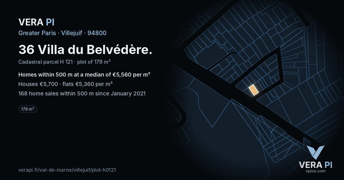 36 Villa du Belvédère, Villejuif at night – the plot lit, the parcels around coloured by the prices near them