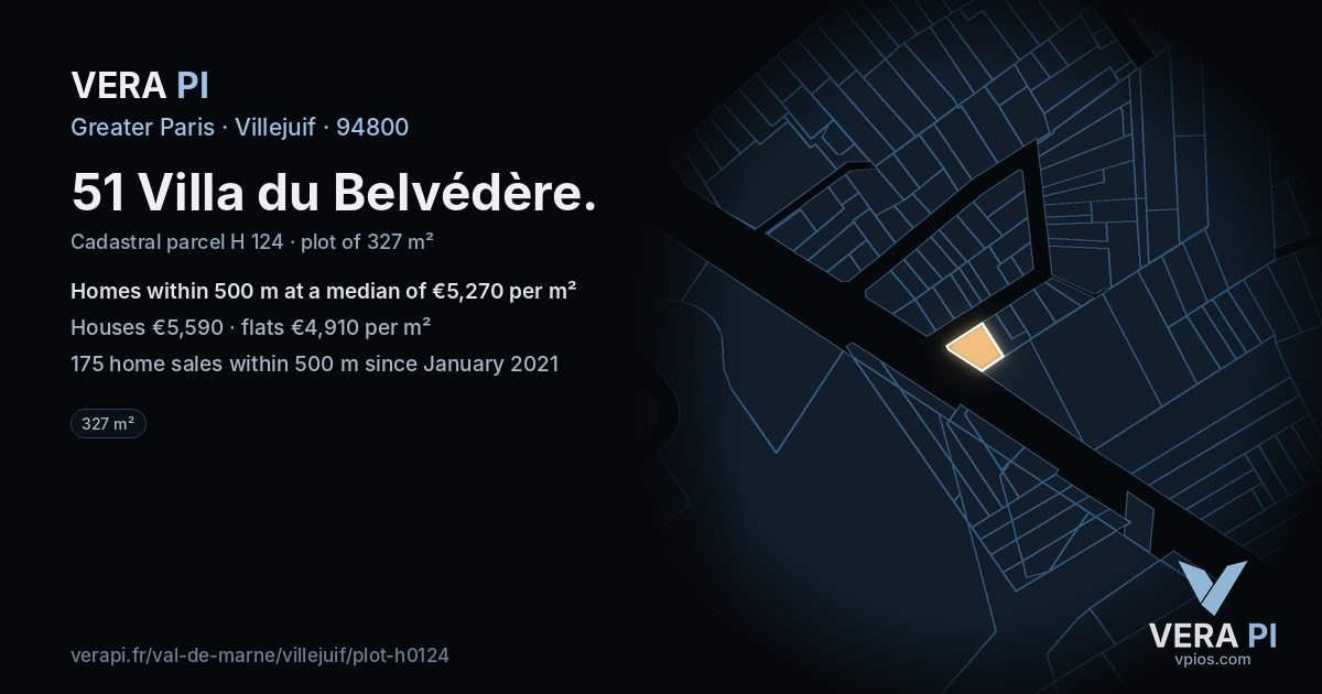51 Villa du Belvédère, Villejuif at night – the plot lit, the parcels around coloured by the prices near them