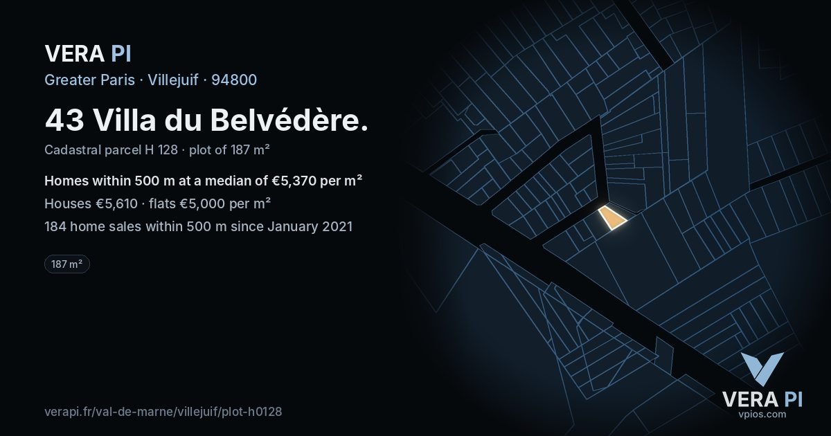 43 Villa du Belvédère, Villejuif at night – the plot lit, the parcels around coloured by the prices near them