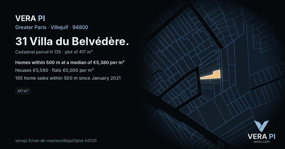 31 Villa du Belvédère, Villejuif at night – the plot lit, the parcels around coloured by the prices near them